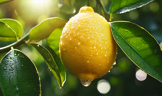 gelbe Zitrone mit Wassertropfen hängt an einem Zitronenbaum