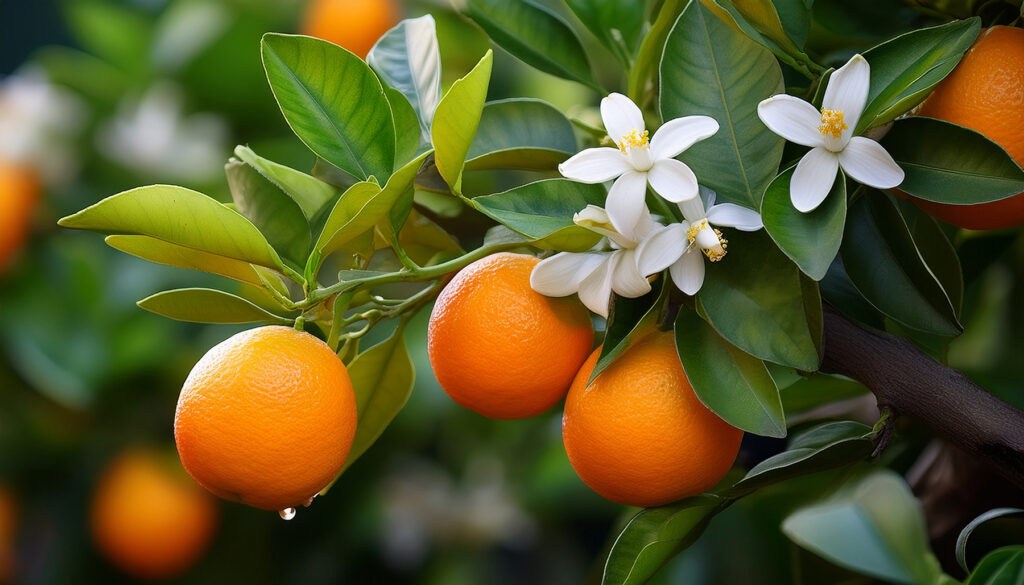 orangenbaum blüht mit orangen darauf Neumond
